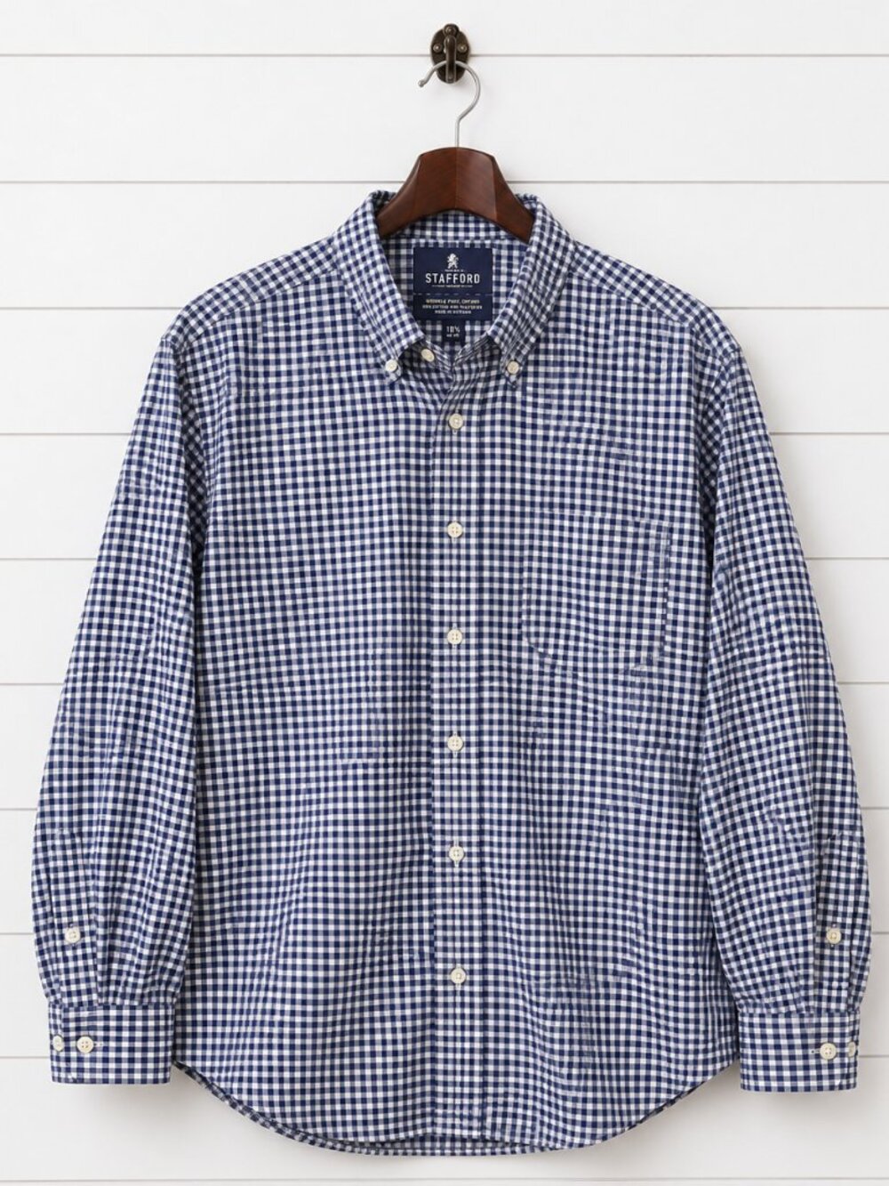 Stafford Mens Blue Gingham Oxford Button Down Shirt 18.5 34-35 Big Preppy